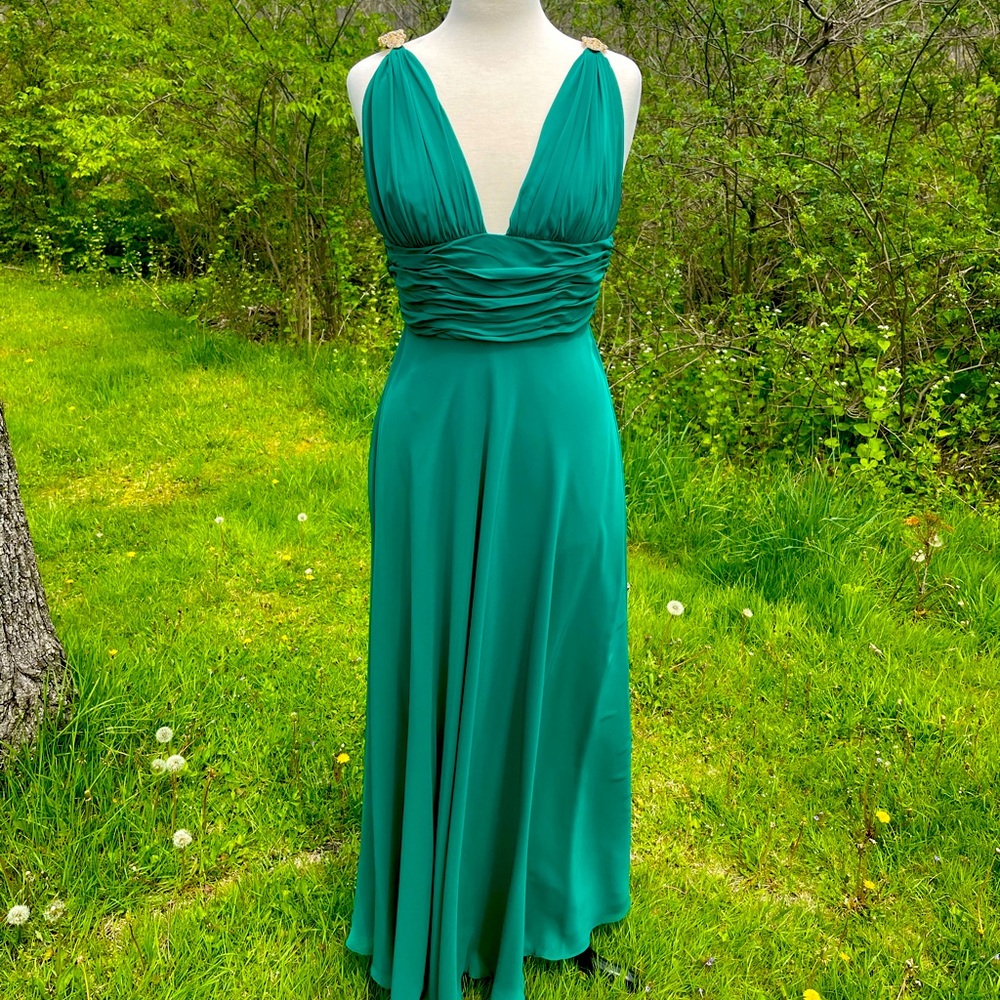 Green Grecian Goddess Gown with Gold and Rhinestone Details-prom-wedding